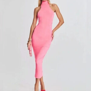 SER.O.YA Neon Pink Delta Bodycon  Sleeveless Midi Turtleneck Jersey Dress S NWT